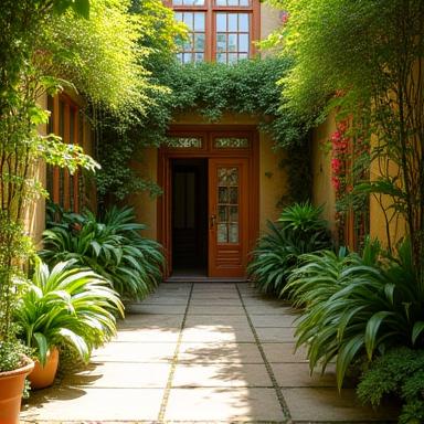 A lush, tropical-themed courtyard in Clifton.